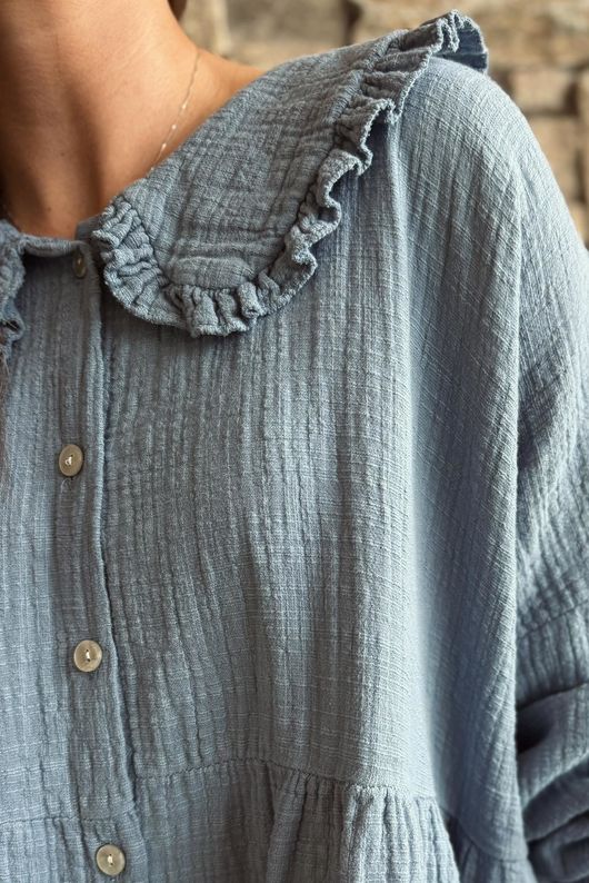 Annie Cushion Cotton Peter Pan Smock Blouse Denim